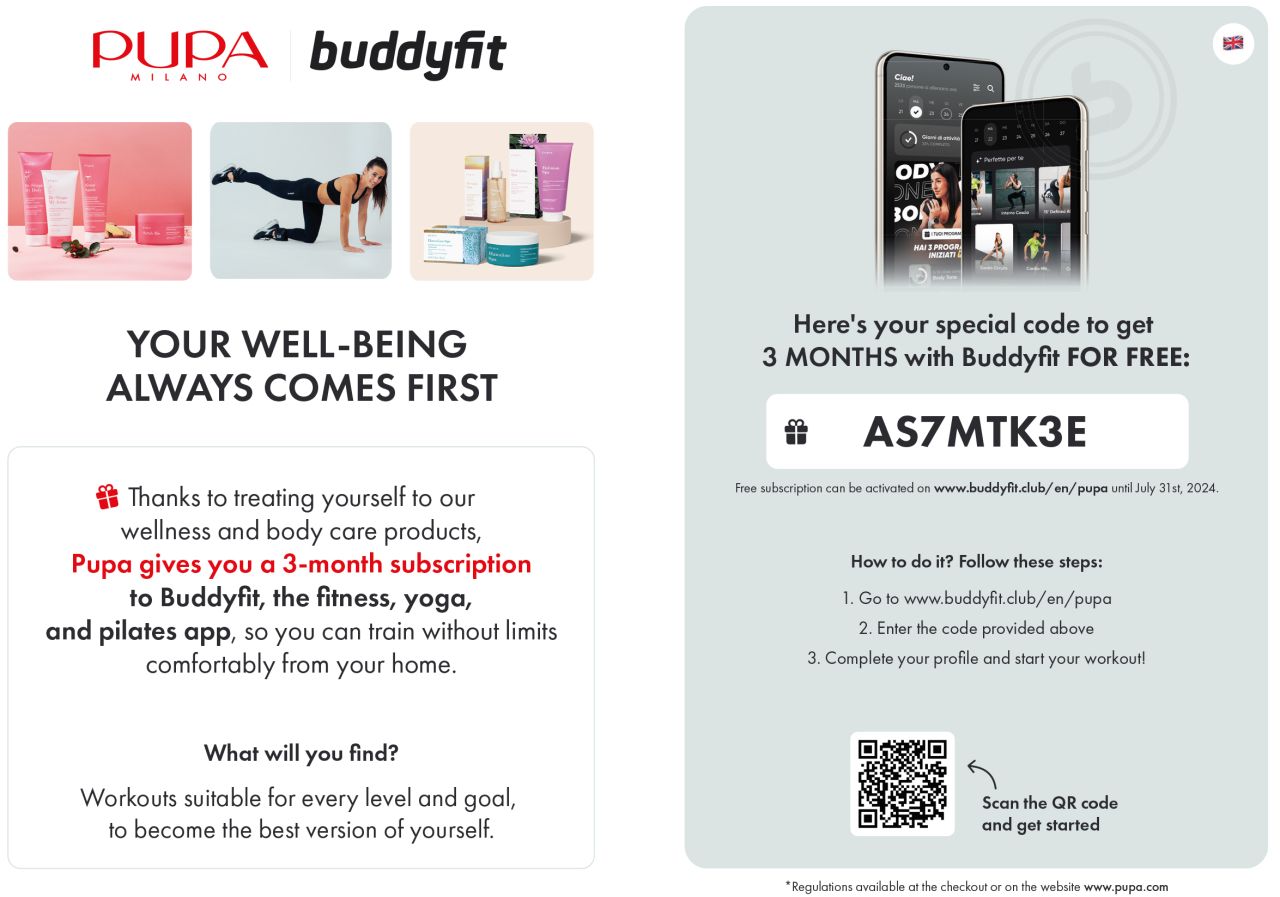 3 Mesi gratuiti di Buddyfit - PUPA Milano